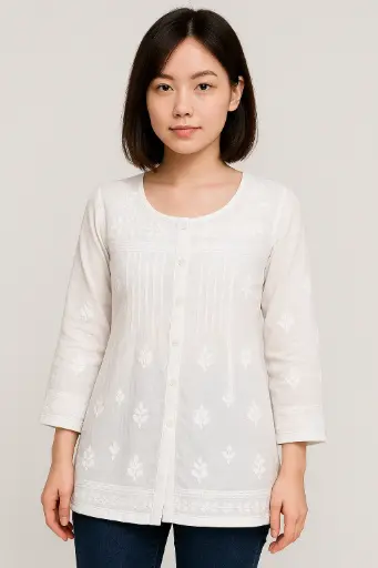 Elegant White Kurti with Intricate Chicken Kari Embroidery